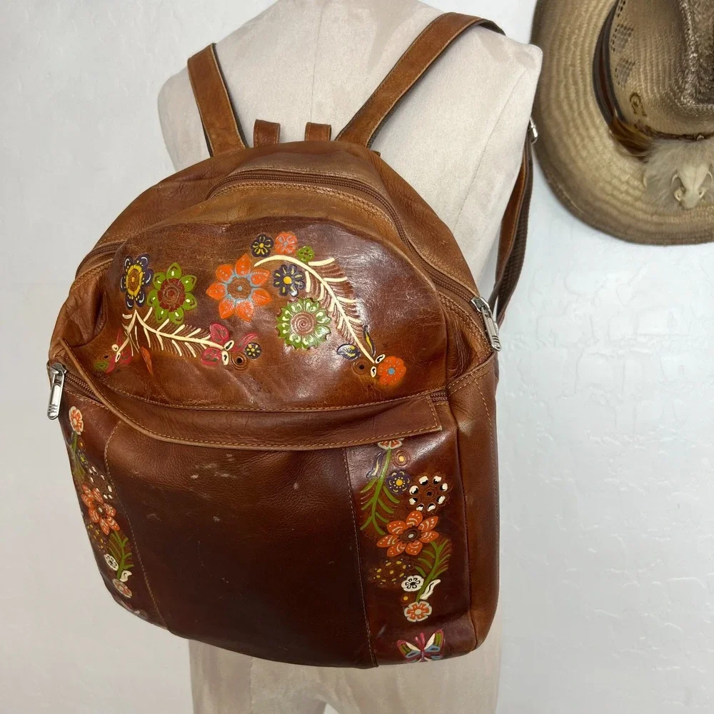 VTG Tooled Leather Backpack Hand Paint Floral Boho western Festival Travel Bag